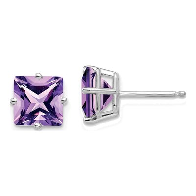 14K White Gold 7mm Square Amethyst Princess-Cut Stud Earrings