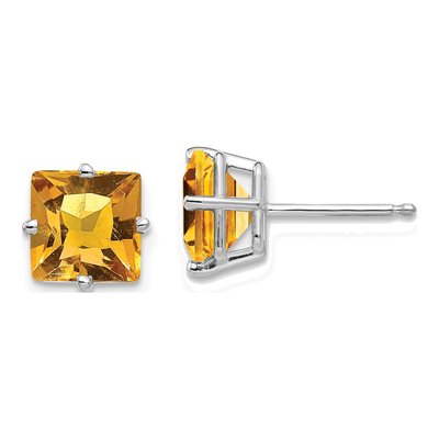 14K White Gold 7mm Square Citrine Princess-Cut Stud Earrings