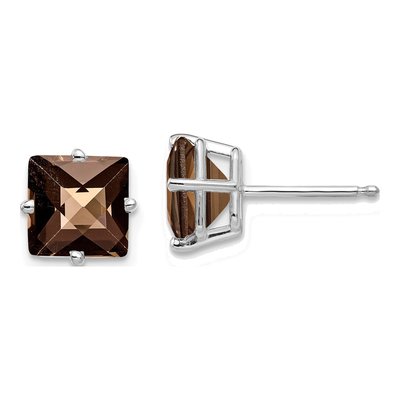 14K White Gold 7mm Square Smoky Quartz Checker-Cut Stud Earrings
