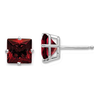 14K White Gold 7mm Square Garnet Princess-Cut Stud Earrings