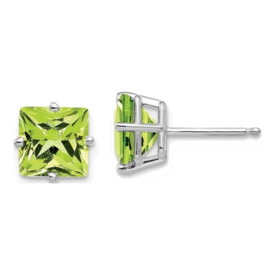 14K White Gold 7mm Square Peridot Princess-Cut Stud Earrings