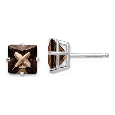 14K White Gold 7mm Smoky Quartz Square Stud Earrings