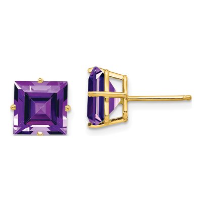 14K Yellow Gold 8mm Amethyst Square Stud Earrings