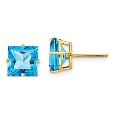 14K Yellow Gold 8mm Swiss Blue Topaz Square Stud Earrings