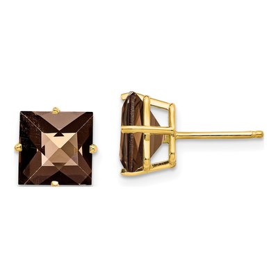 14K Yellow Gold 8mm Smoky Quartz Square Stud Earrings