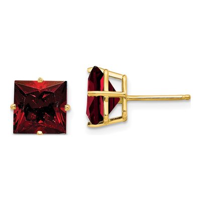 14K Yellow Gold 8mm Square Garnet Princess-Cut Stud Earrings