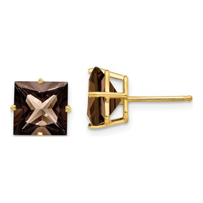 14K Yellow Gold 8mm Smoky Quartz Square Stud Earrings