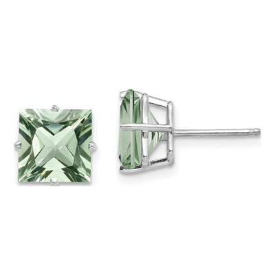 14K White Gold 8mm Square Green Quartz Princess Stud Earrings