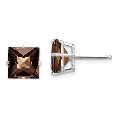 14K White Gold 8mm Square Smoky Quartz Princess Stud Earrings