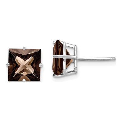 14K White Gold 8mm Square Smoky Quartz Princess Stud Earrings