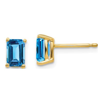 14K Yellow Gold Octagon / Emerald Swiss Blue Topaz Emerald-Cut Stud Earrings