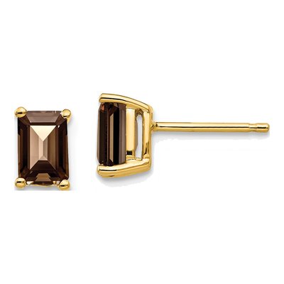 14K Yellow Gold Octagon / Emerald Smoky Quartz Emerald-Cut Stud Earrings