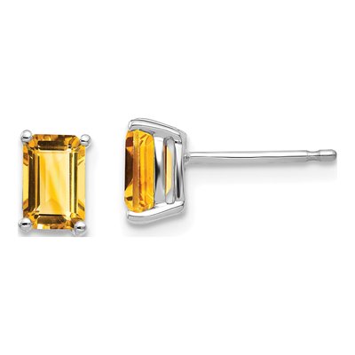 14K White Gold Octagon / Emerald Citrine Emerald-Cut Stud Earrings