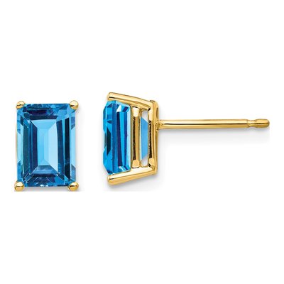 14K Yellow Gold Octagon / Emerald Swiss Blue Topaz Emerald-Cut Stud Earrings