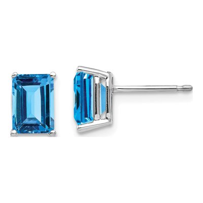 14K White Gold Emerald-Cut Blue Topaz Stud Earring Mounting