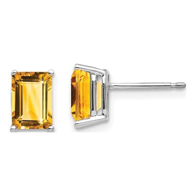 14K White Gold Octagon / Emerald Citrine Emerald-Cut Stud Earrings