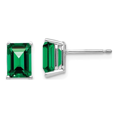 14K White Gold Octagon / Emerald Lab-Created Helenite Emerald-Cut Stud Earrings