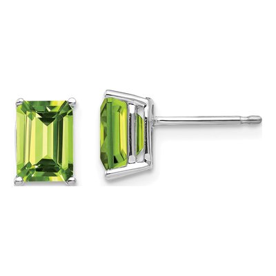 14K White Gold Octagon / Emerald Peridot Emerald-Cut Stud Earrings