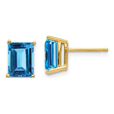 14K Yellow Gold Octagon / Emerald Swiss Blue Topaz Emerald-Cut Stud Earrings