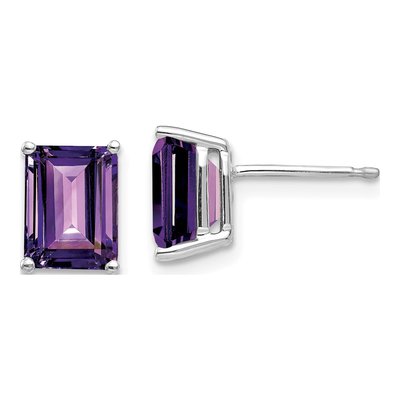 14K White Gold Octagon / Emerald Amethyst Emerald-Cut Stud Earrings