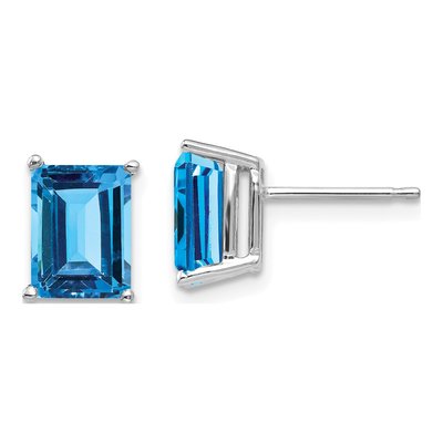 14K White Gold Octagon / Emerald Swiss Blue Topaz Emerald-Cut Stud Earrings