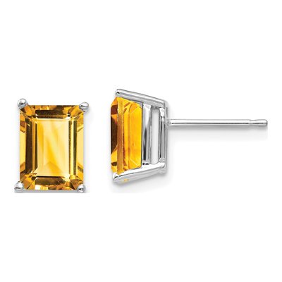 14K White Gold Octagon / Emerald Citrine Emerald-Cut Stud Earrings