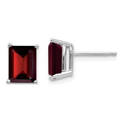 14K White Gold Octagon / Emerald Garnet Emerald-Cut Stud Earrings