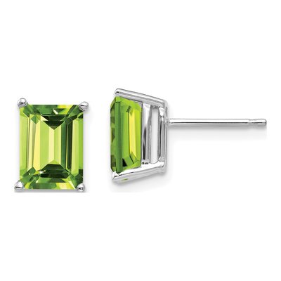 14K White Gold Octagon / Emerald Peridot Emerald-Cut Stud Earrings