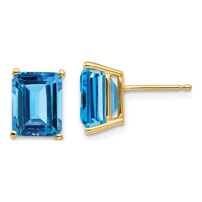 14K Yellow Gold Octagon / Emerald Swiss Blue Topaz Emerald-Cut Stud Earrings