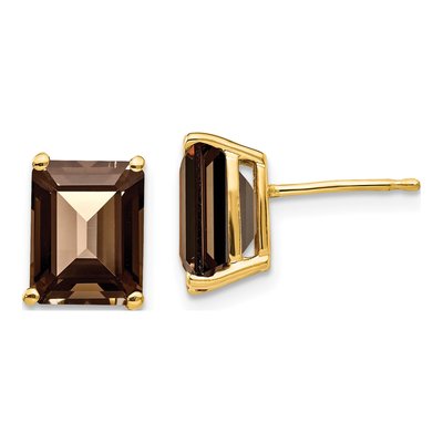 14K Yellow Gold Octagon / Emerald Smoky Quartz Emerald-Cut Stud Earrings