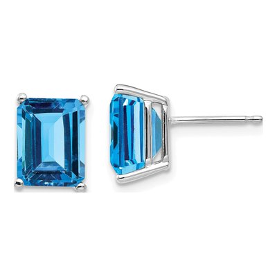 14K White Gold Emerald-Cut Blue Topaz Earring Mounting