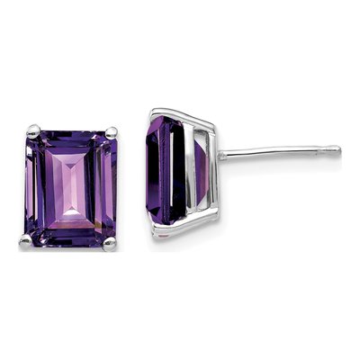 14K White Gold Octagon / Emerald Amethyst Emerald-Cut Stud Earrings