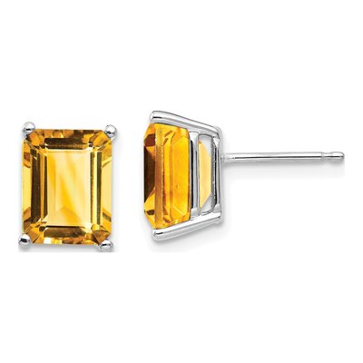 14K White Gold Octagon / Emerald Citrine Emerald-Cut Stud Earrings