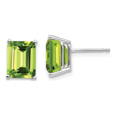 14K White Gold Octagon / Emerald Peridot Emerald-Cut Stud Earrings