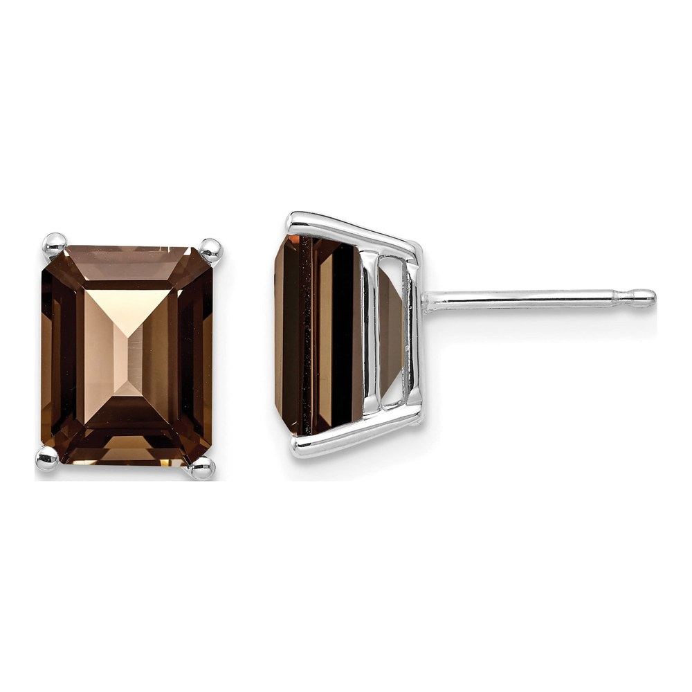 14K White Gold Octagon / Emerald Smoky Quartz Emerald-Cut Stud Earrings