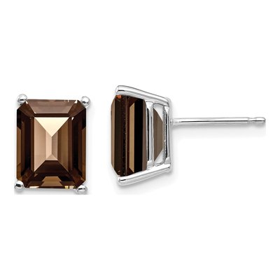 14K White Gold Octagon / Emerald Smoky Quartz Emerald-Cut Stud Earrings