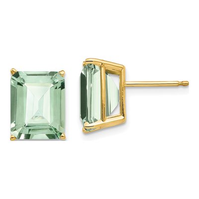 14K Yellow Gold Octagon / Emerald Green Quartz Emerald-Cut Stud Earrings