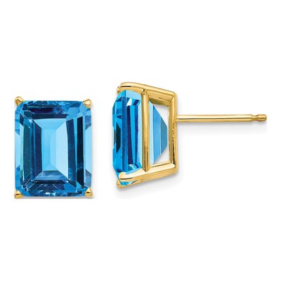 14K Yellow Gold Octagon / Emerald Swiss Blue Topaz Emerald-Cut Stud Earrings