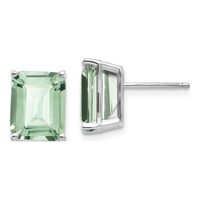 14K White Gold Octagon / Emerald Green Quartz Emerald-Cut Stud Earrings