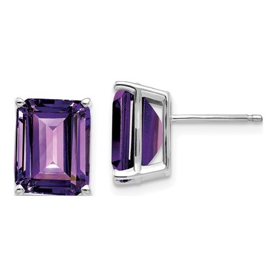 14K White Gold Octagon / Emerald Amethyst Emerald-Cut Stud Earrings