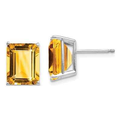 14K White Gold Octagon / Emerald Citrine Emerald-Cut Stud Earrings