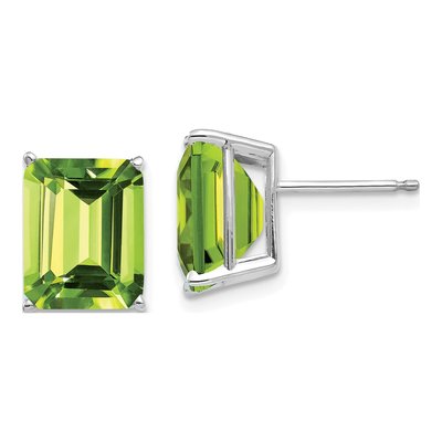 14K White Gold Octagon / Emerald Peridot Emerald-Cut Stud Earrings