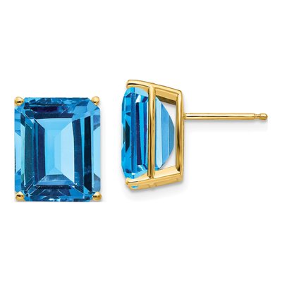 14K Yellow Gold Octagon / Emerald Swiss Blue Topaz Emerald-Cut Stud Earrings