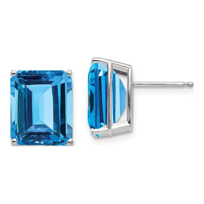 14K White Gold Emerald-Cut Blue Topaz Earring Mounting