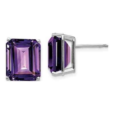 14K White Gold Octagon / Emerald Amethyst Emerald-Cut Stud Earrings