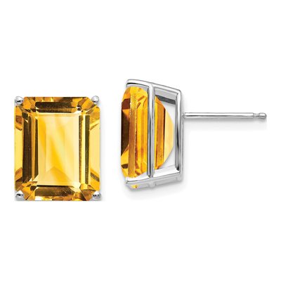 14K White Gold Octagon / Emerald Citrine Emerald-Cut Stud Earrings