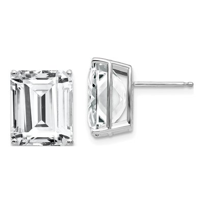 14K White Gold Octagon / Emerald CZ Emerald-Cut Stud Earrings