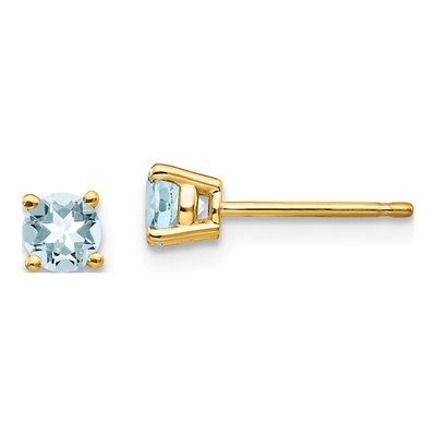 14K Yellow Gold 4mm Round Aquamarine Stud Earrings