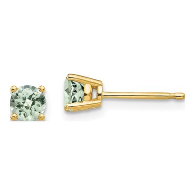14K Yellow Gold 4mm Round Green Quartz Checker-Cut Stud Earrings