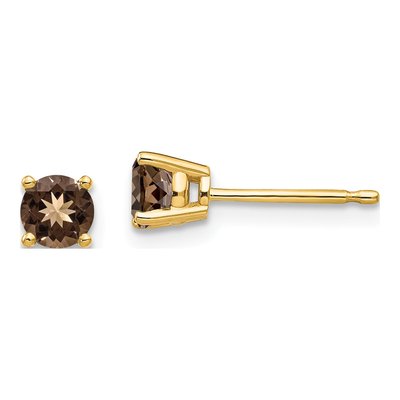 14K Yellow Gold 4mm Round Smoky Quartz Stud Earrings